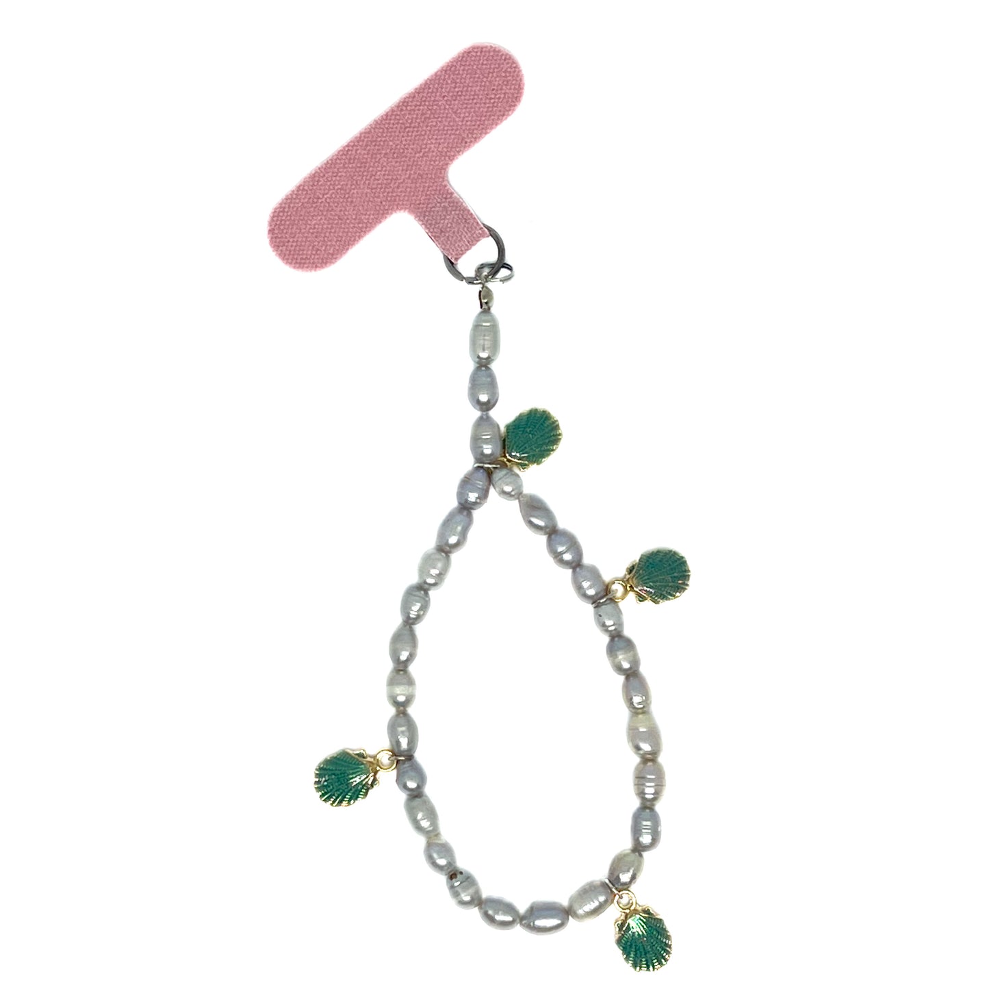 Genuine Lombok Freshwater Pearl Phone Strap. An Elegant Silver Handmade Wristlet with 4 decorative aqua shells viewed from above..