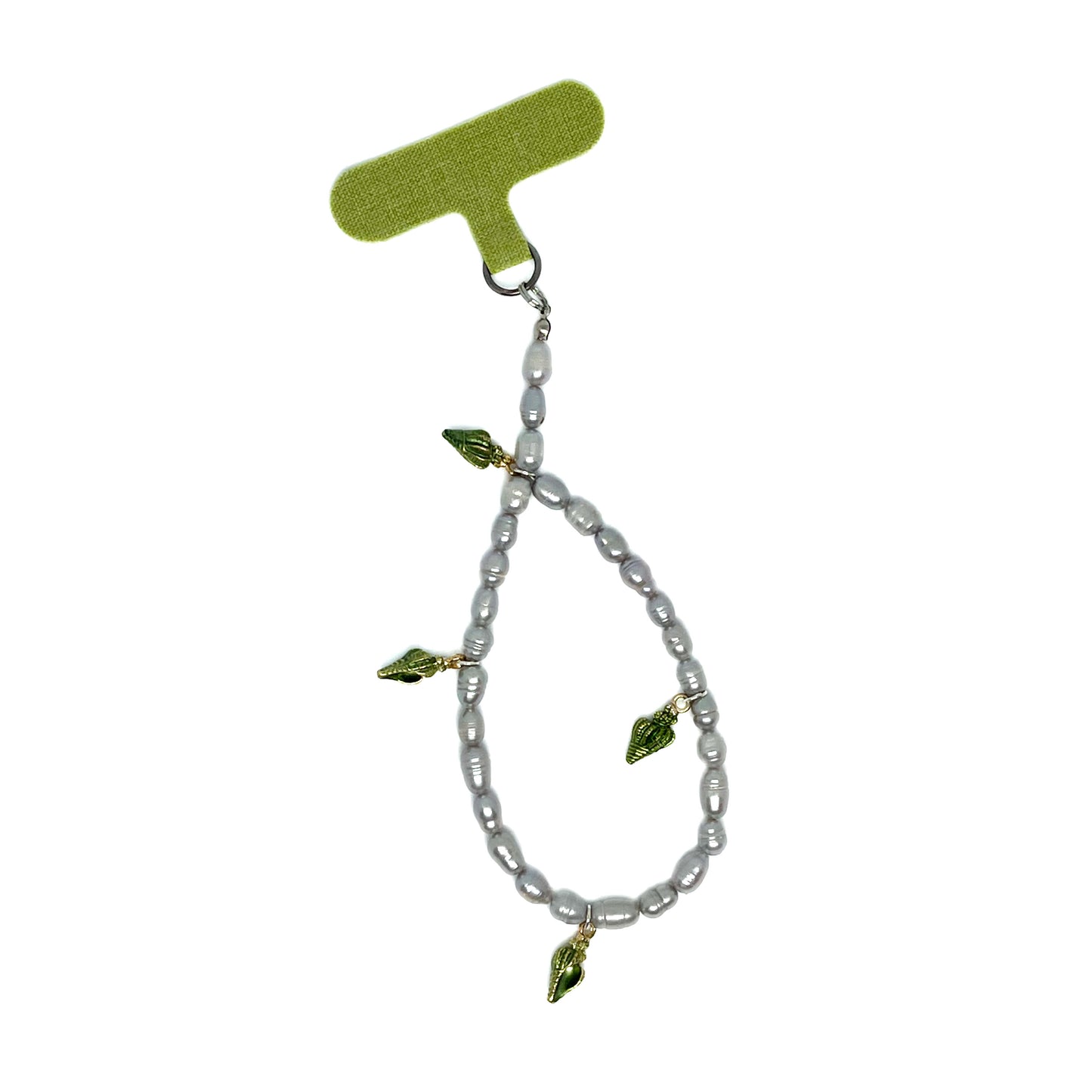 Genuine Lombok Freshwater Pearl Phone Strap. An Elegant Silver Handmade Wristlet with 4 decorative green shells viewed from above.