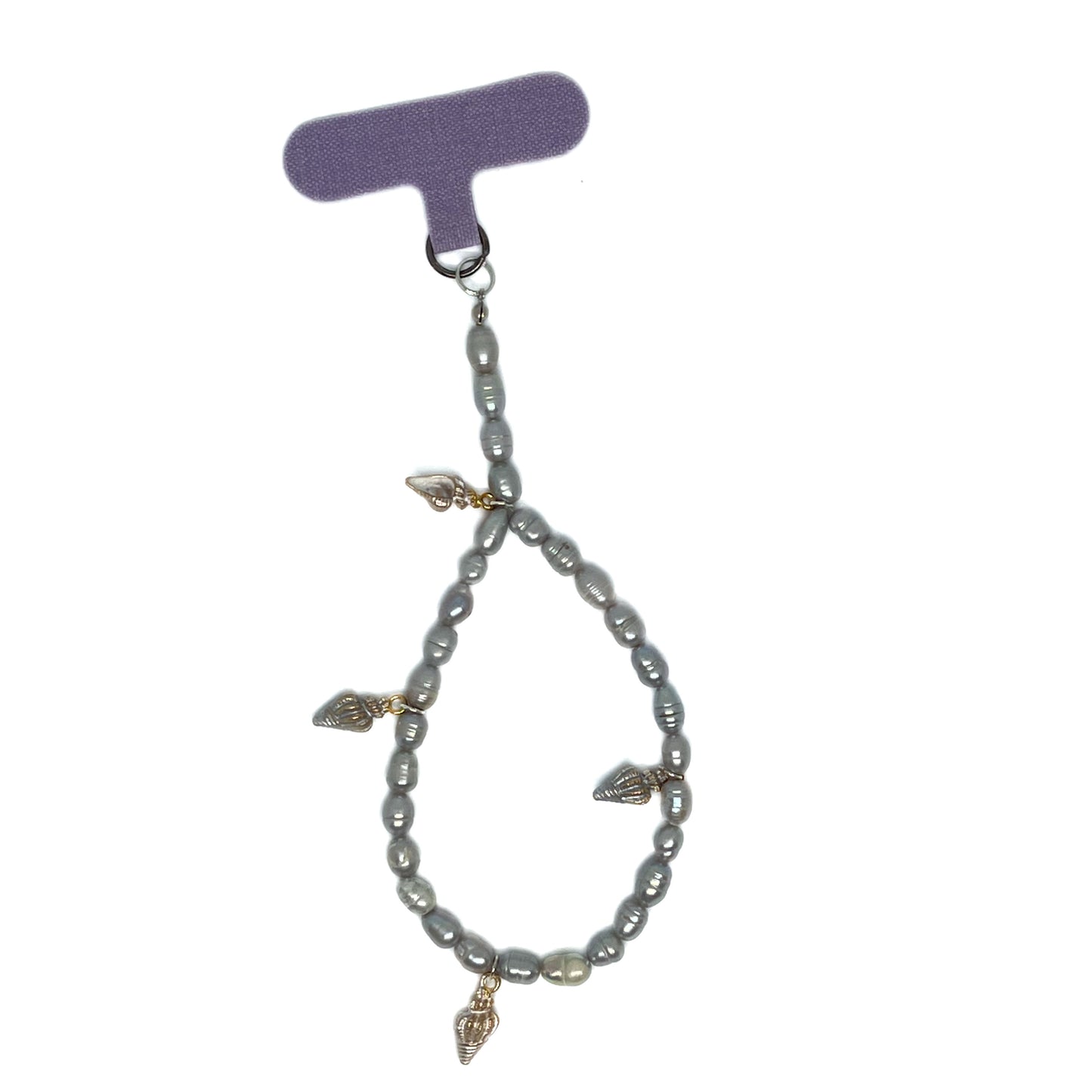 Genuine Lombok Freshwater Pearl Phone Strap. An Elegant Silver Handmade Wristlet with 4 decorative silver shells.