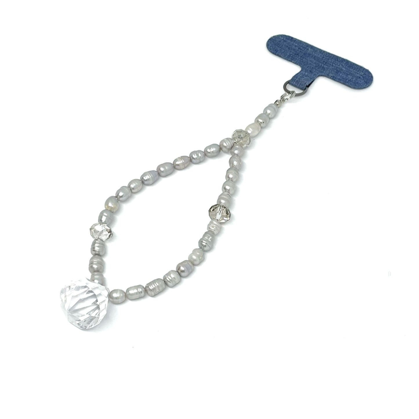 Copy of a Genuine Lombok Freshwater Pearl Phone Strap - Elegant Silver Handmade Wristlet (17cm) with 2 Swarovski Crystals and Imitation Diamond