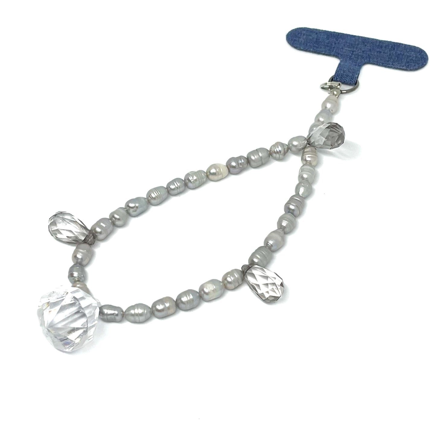 Genuine Lombok Freshwater Pearl Phone Strap - Elegant Silver Handmade Wristlet (17cm) with 3 Swarovski Crystals and Imitation Diamond
