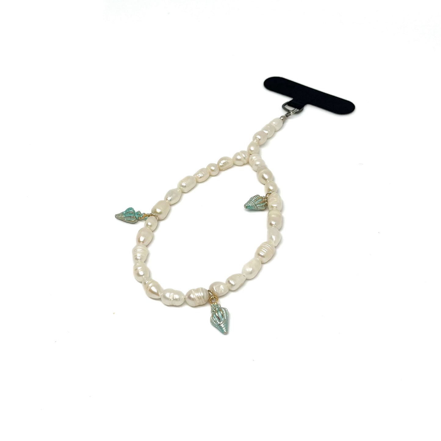 Genuine Lombok Freshwater Pearl Phone Strap - Elegant White Handmade Wristlet (17cm) with 3 aqua shells.