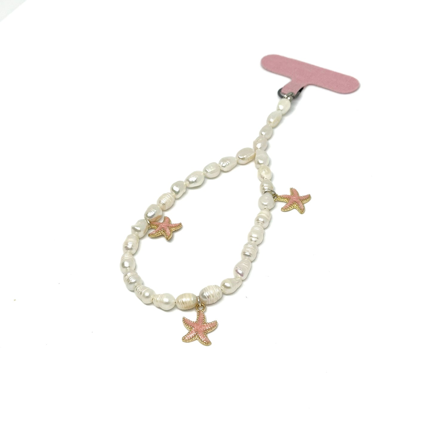Genuine Lombok Freshwater Pearl Phone Strap - Elegant White Handmade Wristlet (17cm) with 3 pink starfish.