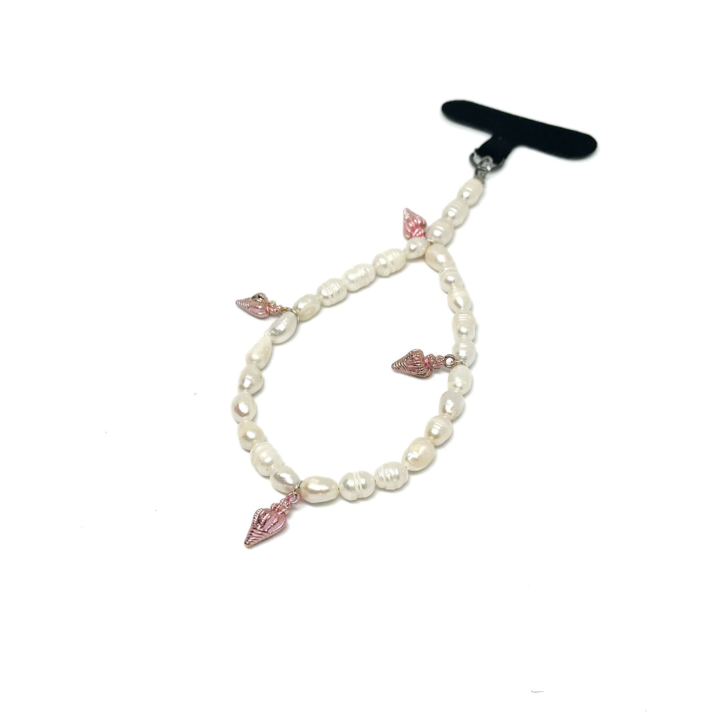 Genuine Lombok Freshwater Pearl Phone Strap - Elegant White Handmade Wristlet (17cm) with 4 pink shells.