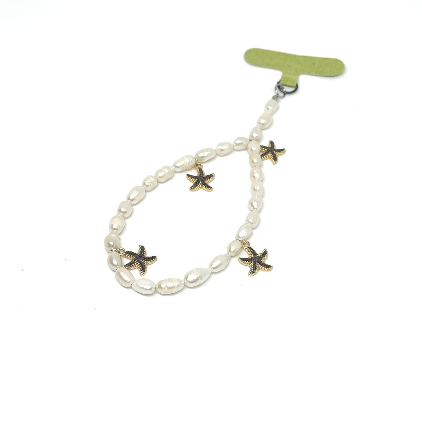 Genuine Lombok Freshwater Pearl Phone Strap - Elegant White Handmade Wristlet (17cm) with 4 purple starfish.