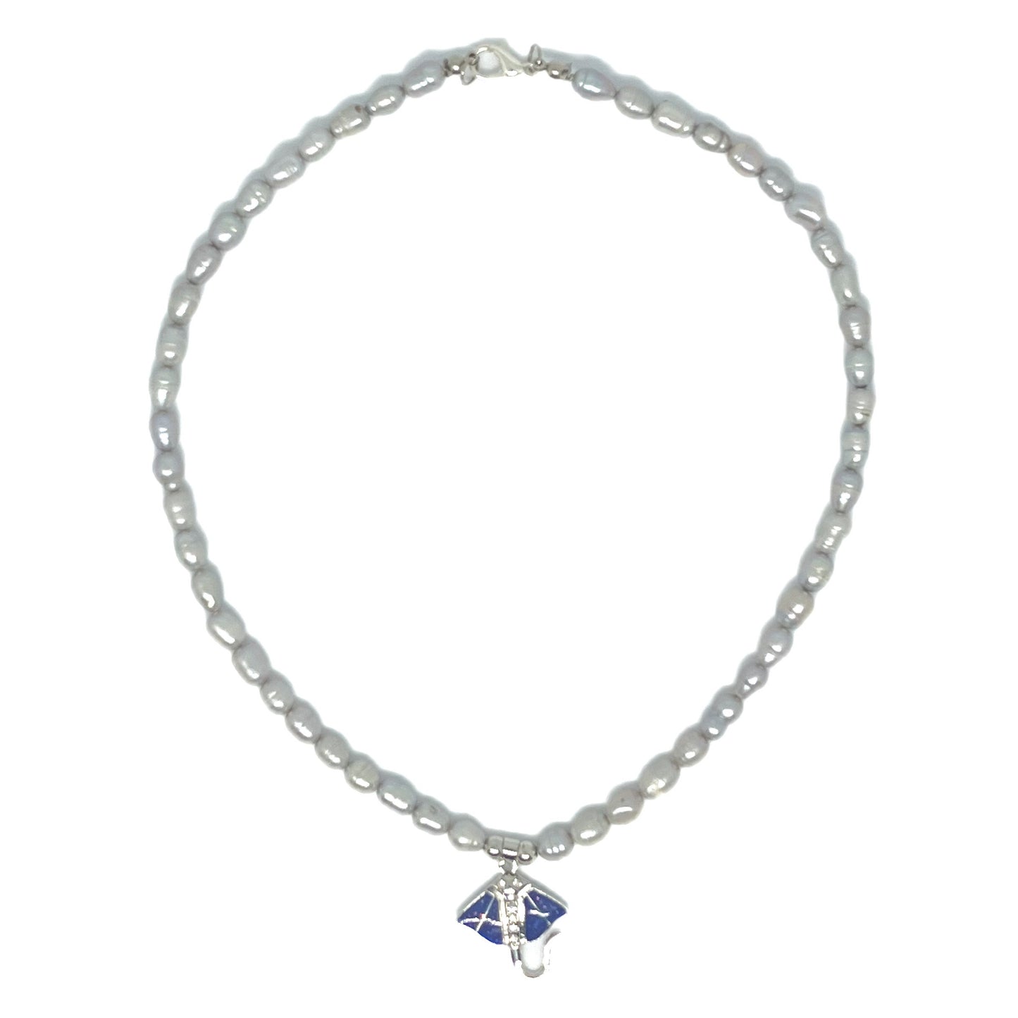 Genuine Baroque Freshwater Pearl Necklace with a Stingray gemstone pendant viewed from above.