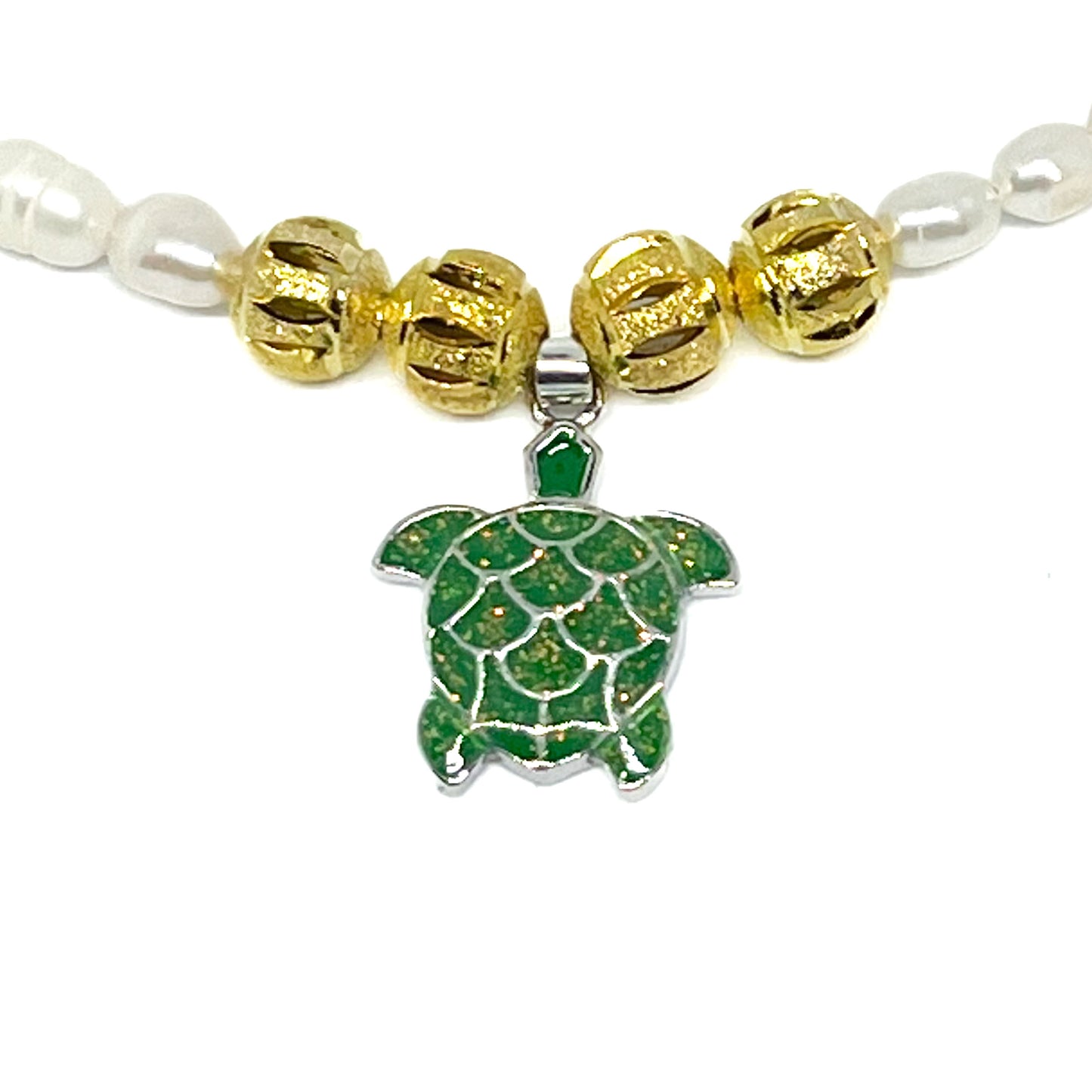 Genuine Baroque White Freshwater Pearl Necklace - Green Sea Turtle pendant
