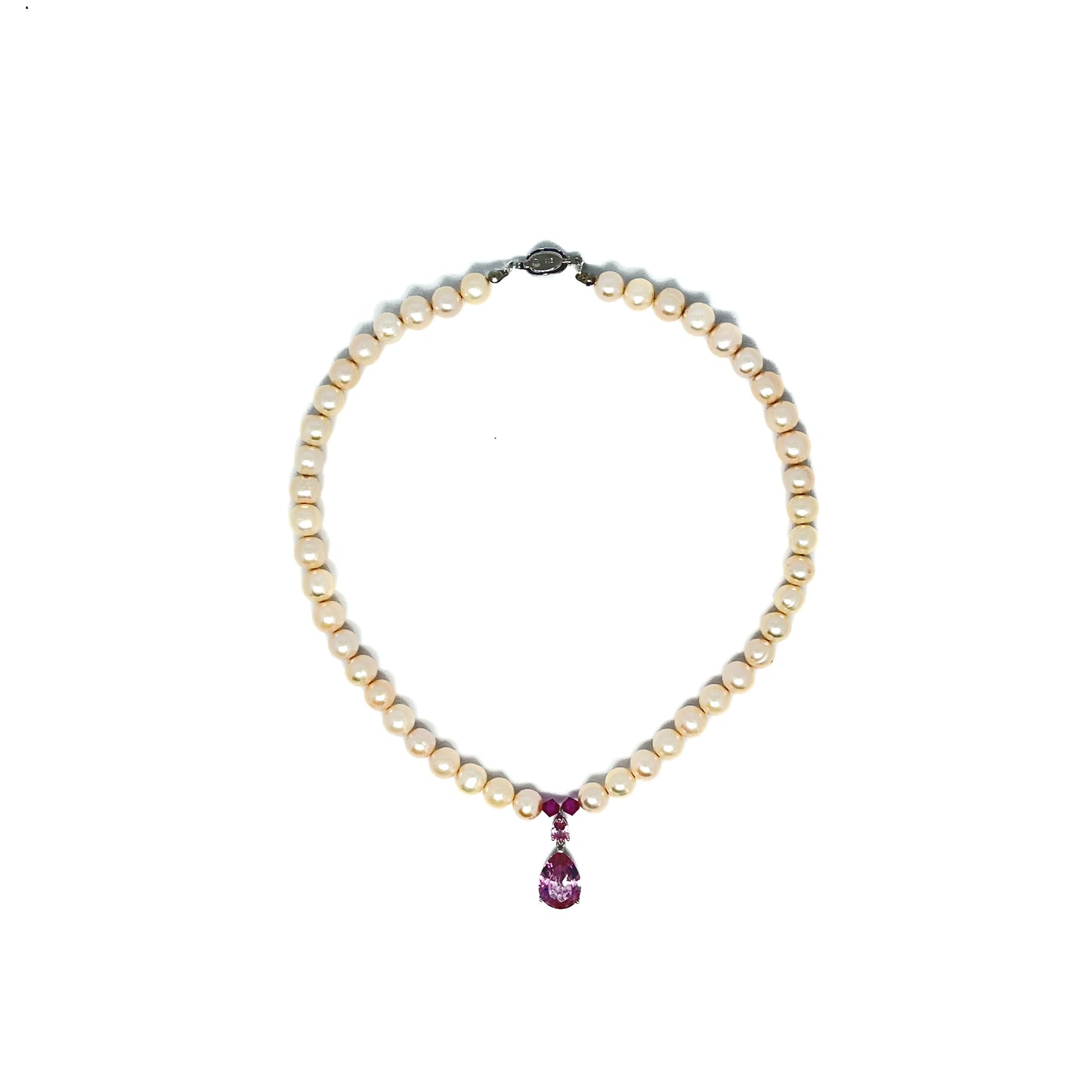 9-10mm AAA Quality Freshwater Culture Pearl Necklace in White with Amethyst Tear Drop Pendant viewed from above.
