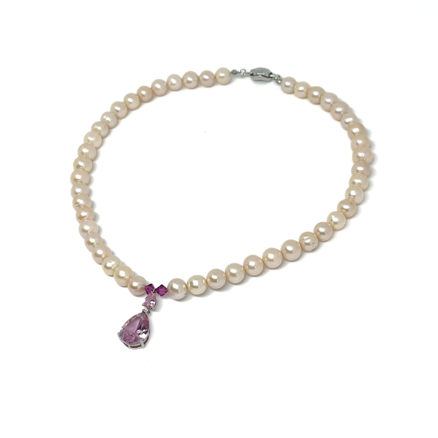 Front Right view of 9-10mm AAA Quality Freshwater Culture Pearl Necklace in White with Amethyst Tear Drop Pendant