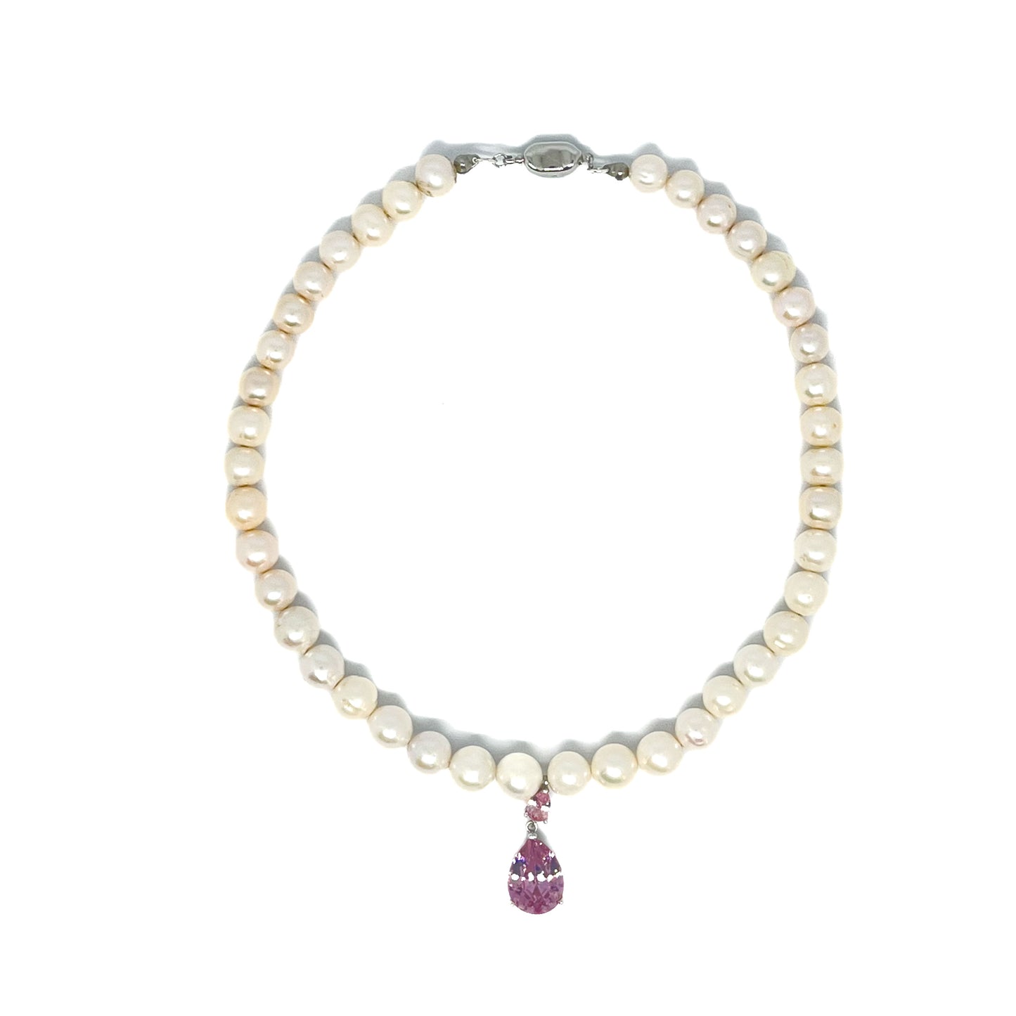 9-10mm AAA Quality Freshwater Culture Pearl Necklace in White with Elegant Amethyst Tear Drop Pendant viewed from above.
