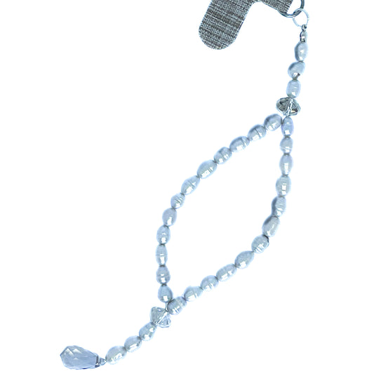 Genuine Lombok Freshwater Pearl Phone Strap - Elegant Silver Handmade Wristlet (21cm)