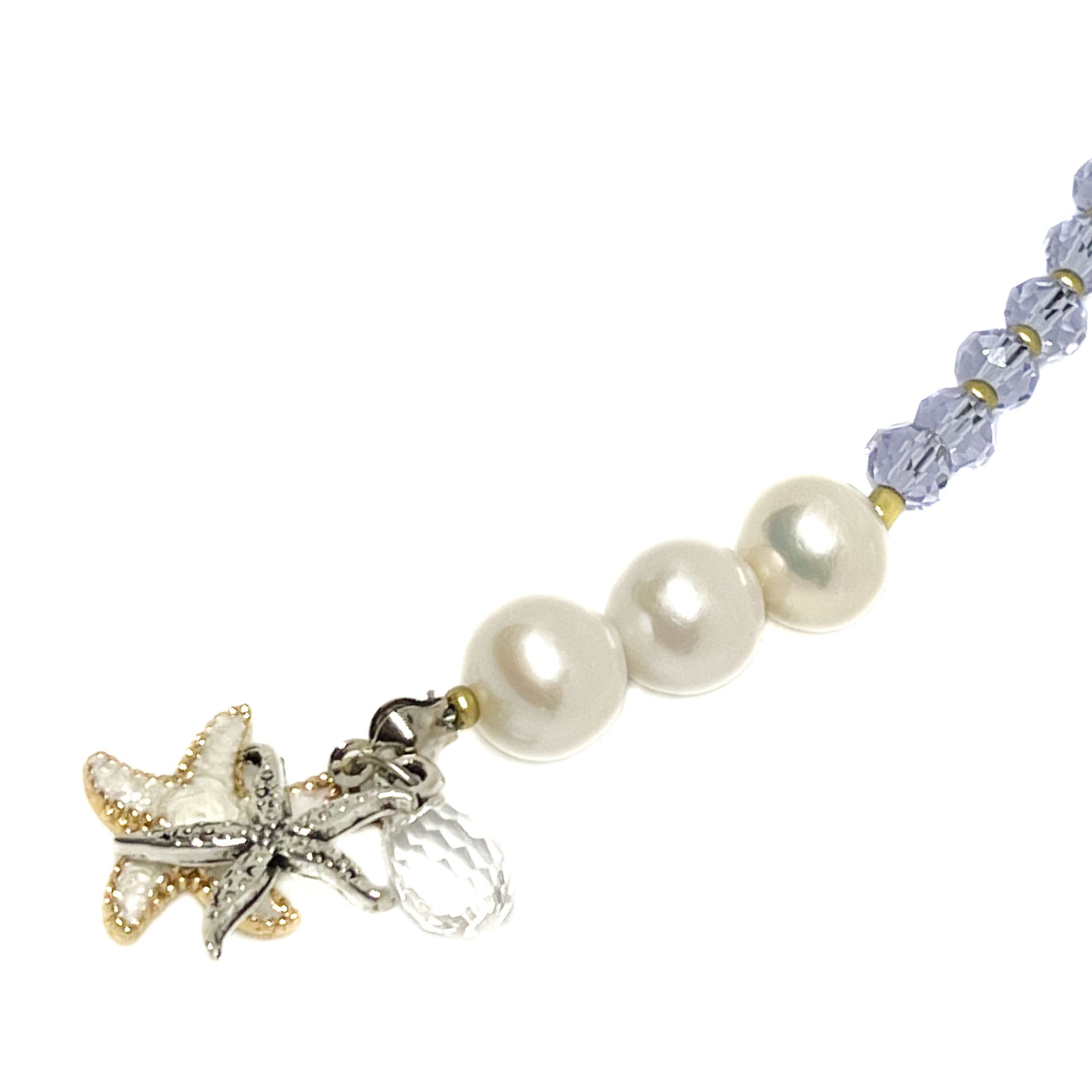 Close up of 10mm AAA Quality Freshwater Cultured Pearl Phone Strap or Key Tag with Elegant Starfish Accent 