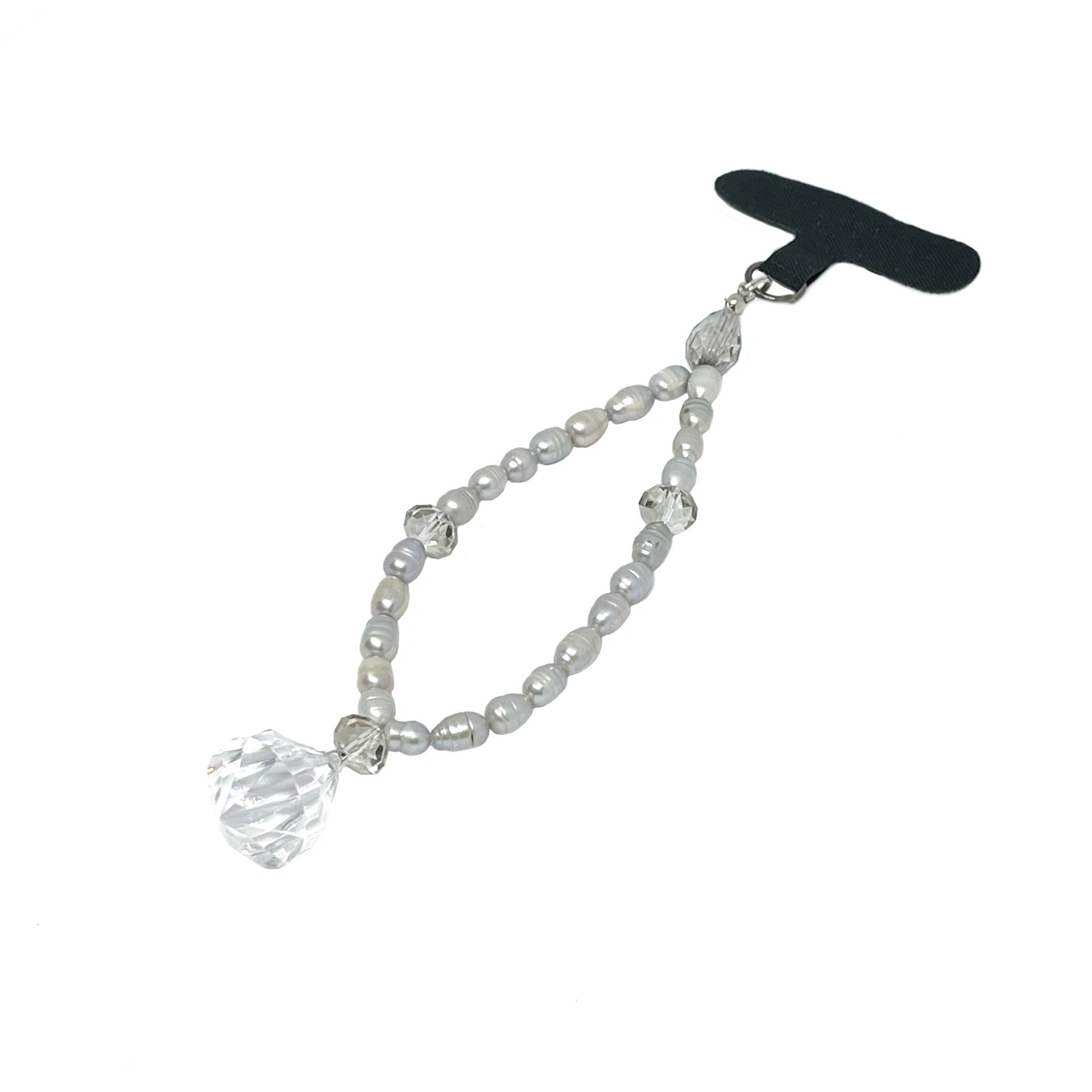 Front right view of a Genuine Lombok Freshwater Pearl Phone Strap - Elegant Silver Handmade Wristlet (17cm) with 4 Swarovski Crystals and Imitation Diamond