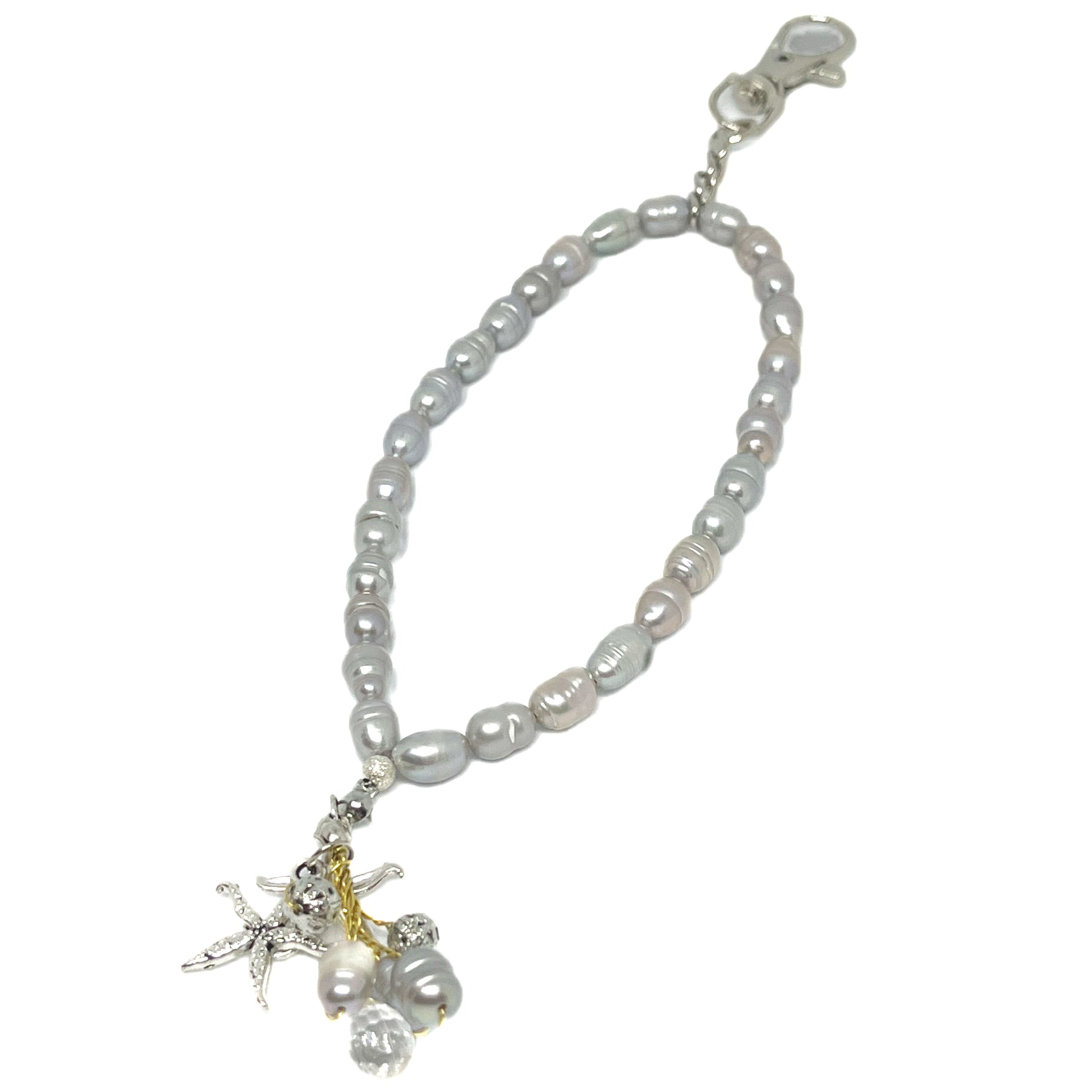 Genuine Lombok Freshwater Pearl Phone Strap - Elegant Silver Handmade Wristlet (21cm). Original Design & One of a kind featuring a pair of starfish