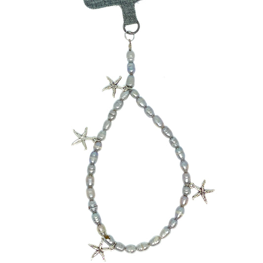 Genuine Lombok Freshwater Pearl Phone Strap - Elegant Silver Handmade Wristlet (17cm) with 4 Sterling Silver Starfish