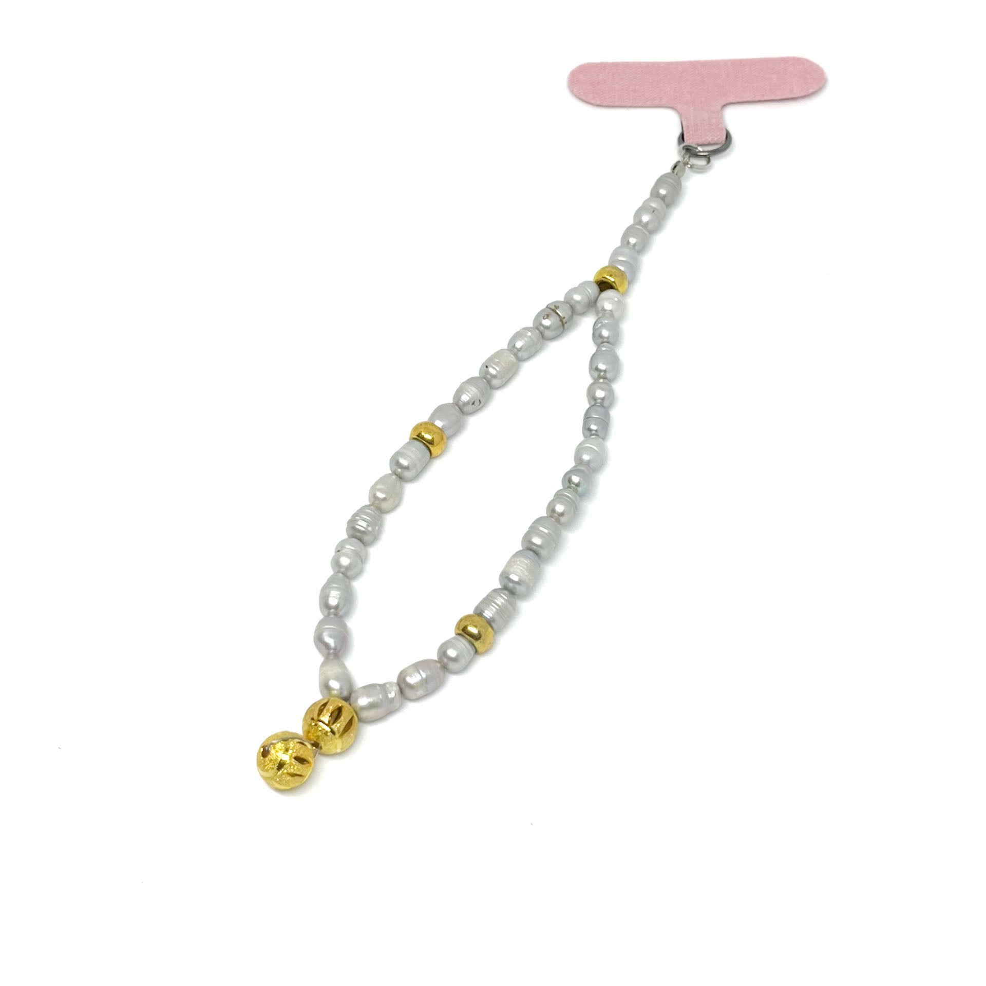 Genuine Lombok Freshwater Pearl Phone Strap - Elegant Silver Handmade Wristlet (17cm) adorned with opulent Gold-inspired highlights and two exquisite Decorative Balls.