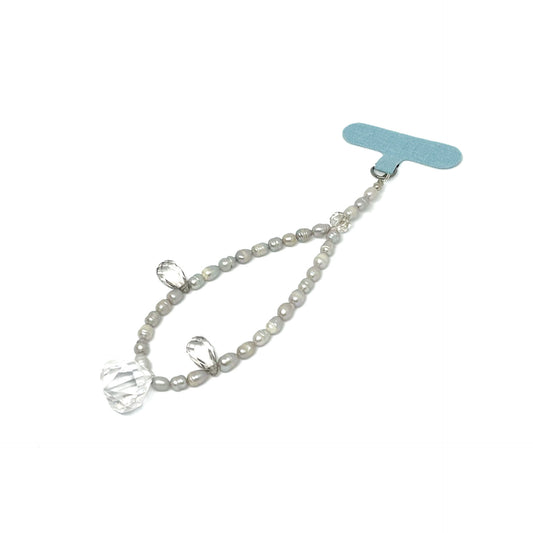 Genuine Lombok Freshwater Pearl Phone Strap - Elegant Silver Handmade Wristlet (17cm) with 2 Swarovski Crystals and Imitation Diamond