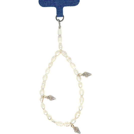 Genuine Lombok Freshwater Pearl Phone Strap - Elegant White Handmade Wristlet (17cm) with 3 silver shells.