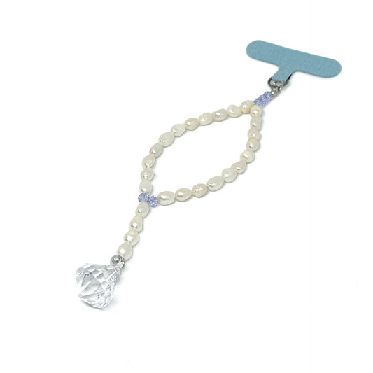 Genuine Lombok Freshwater Pearl Phone Strap - Elegant White Handmade Wristlet (17cm) with Amethyst Swarovski and Immitation Diamond.