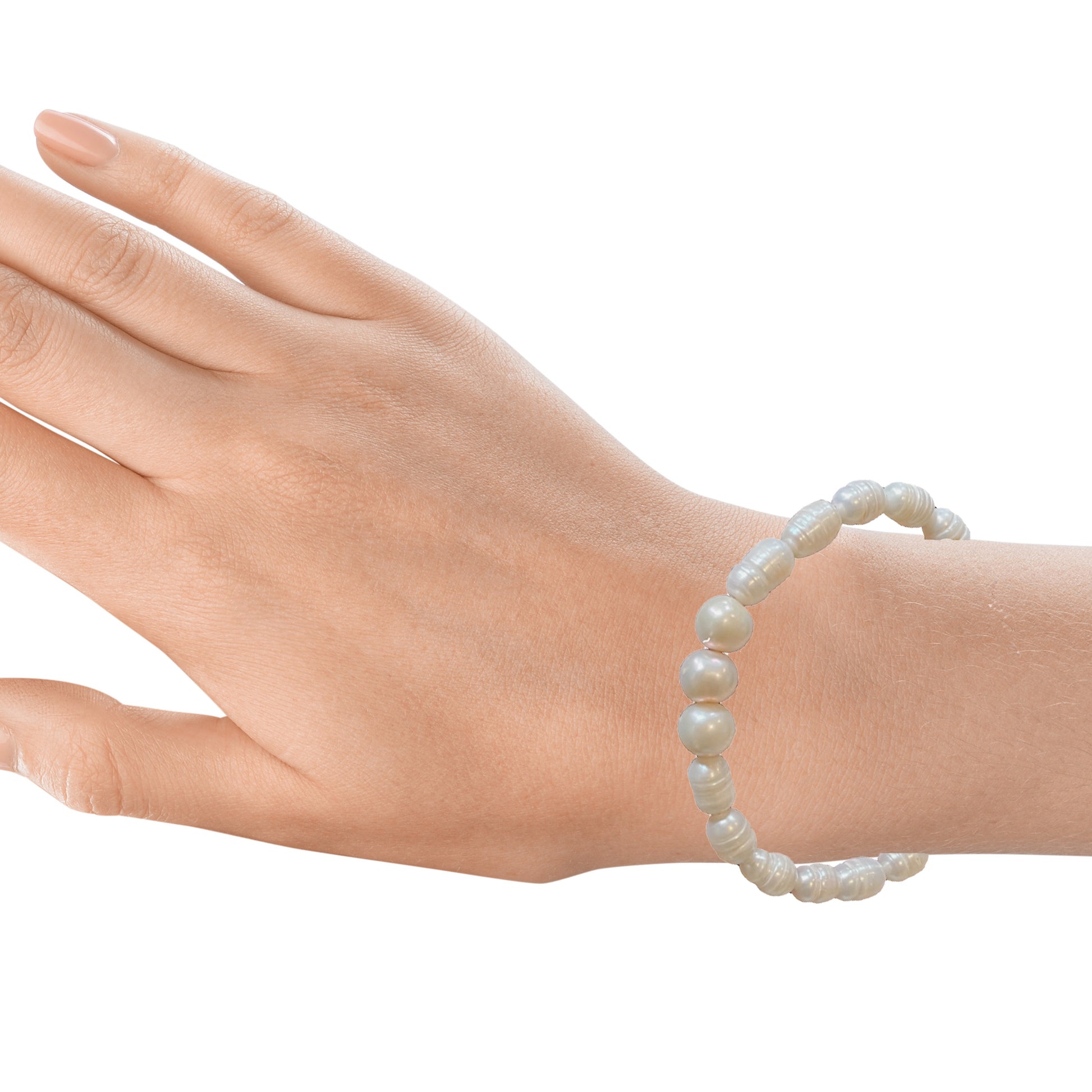 9mm 'A' Quality Freshwater Pearl Bracelet featuring 3 'A' Quality Pearls as a centre piece matched with Baroque Pearls to finish on a hand model.