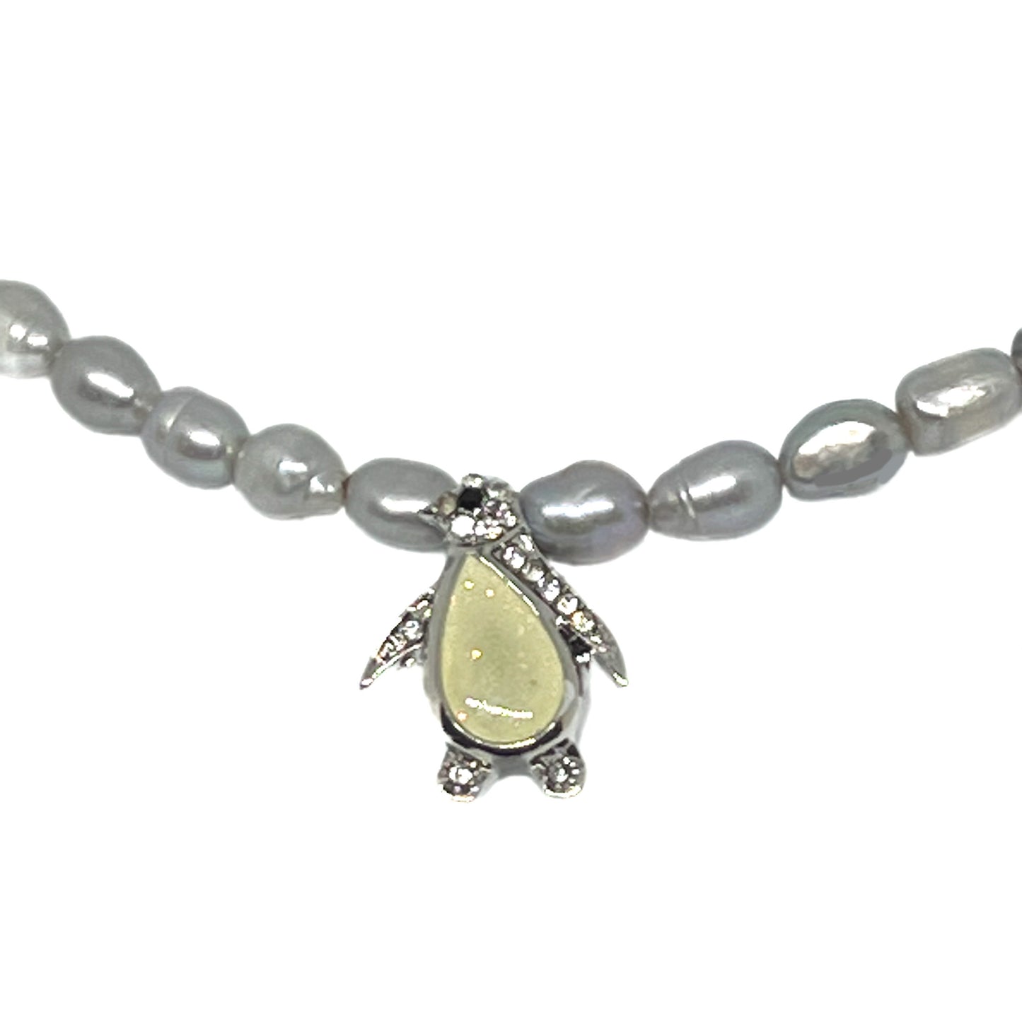 Genuine Baroque Freshwater Pearl Necklace with a close up of a Penguin gemstone pendant