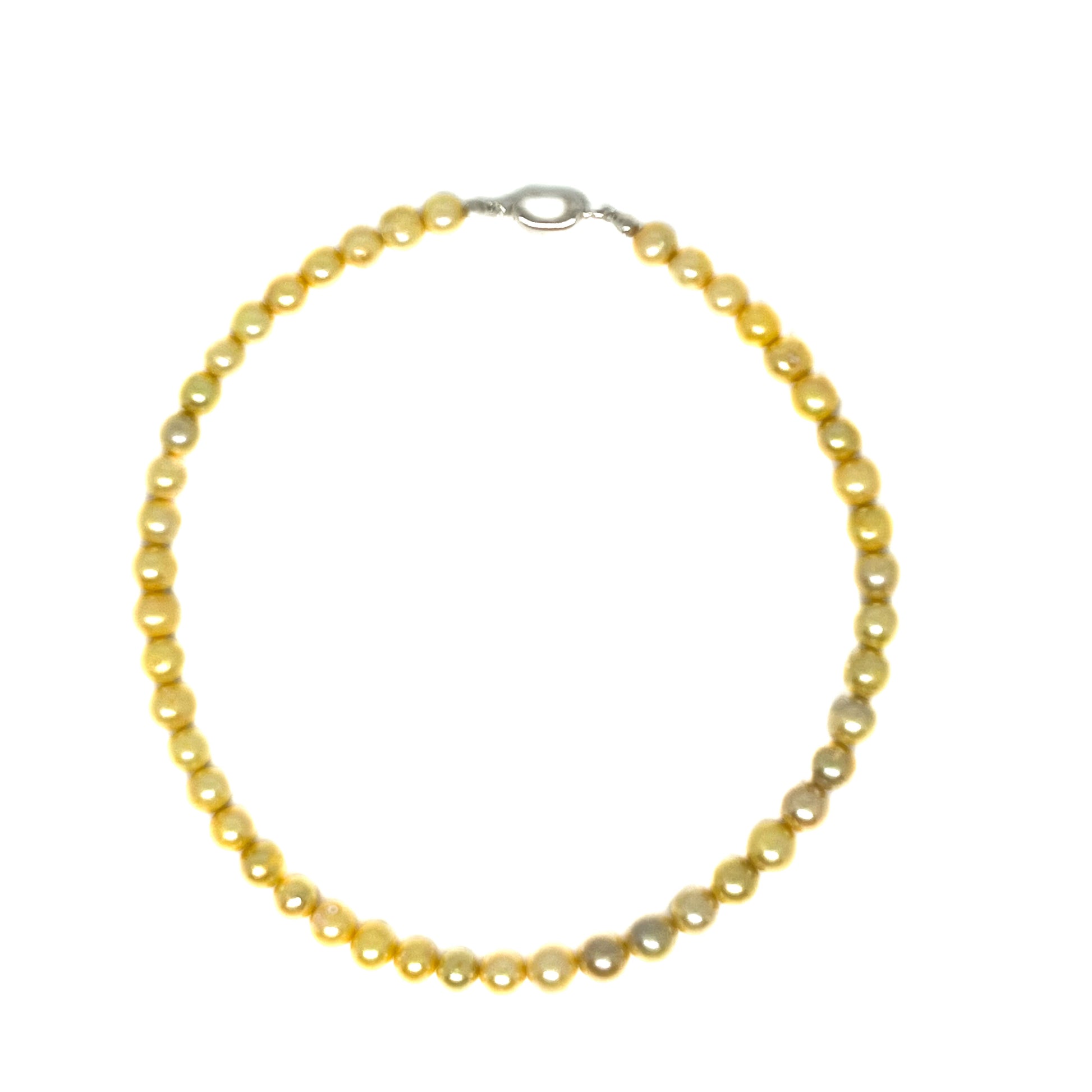 Top view of 8mm AAA Quality Freshwater Cultured Pearl Necklace in Gold with Soliver Clasp.