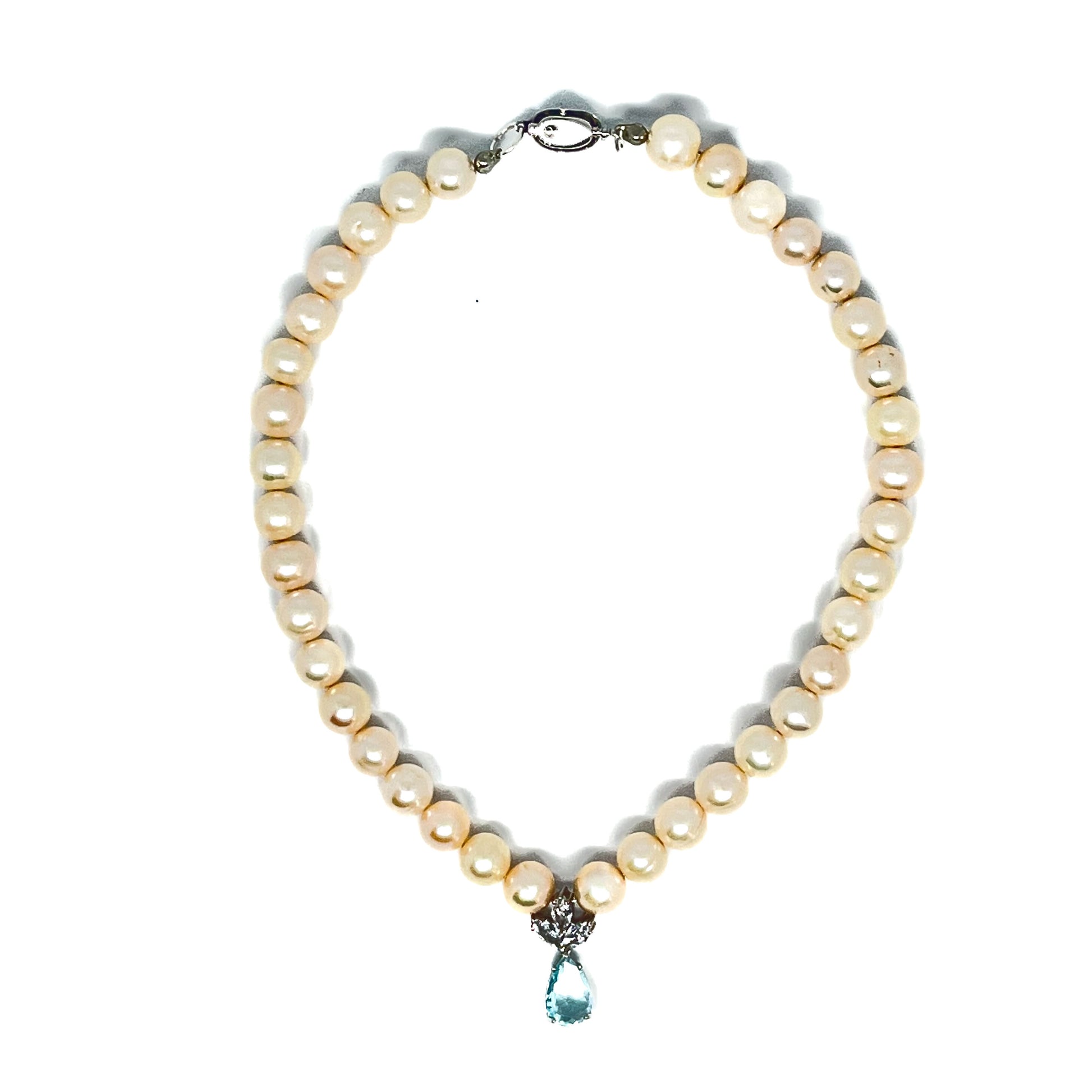 9-10mm AAA Quality Freshwater Culture Pearl Necklace in White with 3 Leaf Swarovski and Aquamarine Pendant viewed from above.